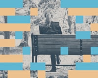 A woman sittingn on a park bench seen from behind with trees and graphic elements