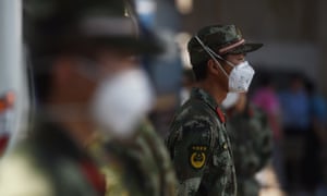 Paramilitary police near the scene of the explosions in Tianjin