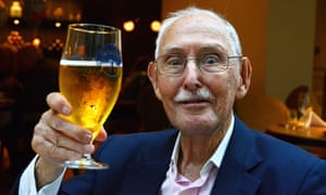 JULY 24: Charles Eugster tucks into a healthy meal of salmon with capers and shrimp and a glass of draught cider at the Hyatt Regency Hotel, on 24 July, 2015, in Birmingham, England.