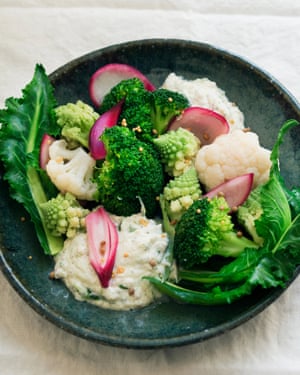 Many textures: brassica salad with crisp pickled onions and goat’s curd.