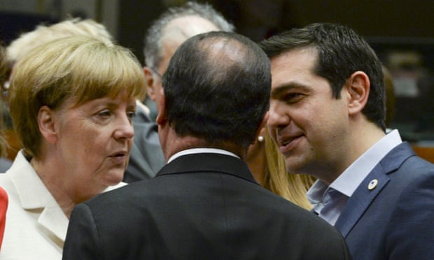 Angela Merkel, François Hollande and Alexis Tsipras talk at the eurozone leaders summit in Brussels.