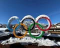 General view of the Olympic rings covered in snow ahead of the Milano Cortina 2026 Winter Olympics
