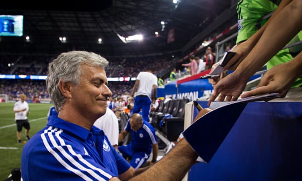 José Mourinho signs autographs for fans during the friendly against New York Red Bulls at the Red Bull Arena in Harrison, New Jersey.