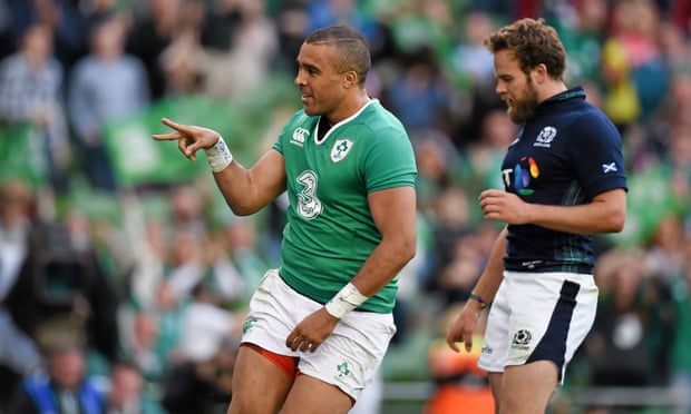 Simon Zebo celebrates after scoring a try in Ireland’s 28-22 win over Scotland at Aviva Stadium, Dublin.
