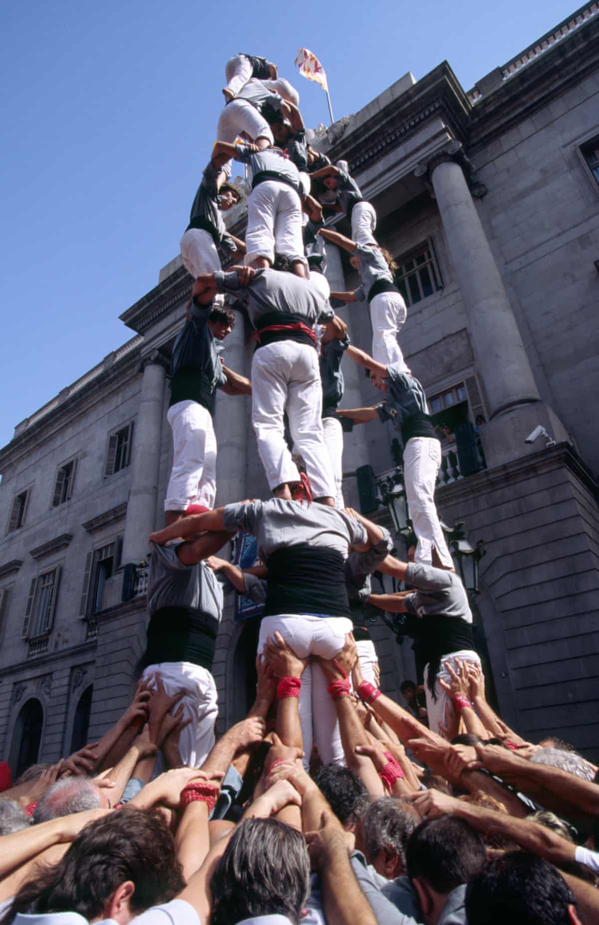 Castellers in Barcelona Spain build a human tower