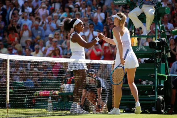 Serena Williams shakes hands with Maria Sharapova after reaching her first Wimbledon final since 2012.