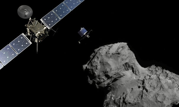 A photo illustration of the Rosetta probe and Philae lander above the 67PChuryumov-Gerasimenko comet during Novembers historic landing