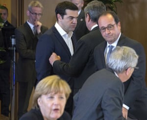 Euro zone EU leaders emergency summit in Brussels<br>(L-R) German Chancellor Angela Merkel, Greek Prime Minister Alexis Tsipras, European Central Bank President Mario Draghi, French President Francois Hollande and European Commission President Jean Claude Juncker take part in a euro zone EU leaders emergency summit on the situation in Greece in Brussels, Belgium, July 7, 2015. Greece faces a last chance to stay in the euro zone on Tuesday when Tsipras puts proposals to an emergency euro zone summit after Greek voters resoundingly rejected the austerity terms of a defunct bailout. REUTERS/Yves Herman