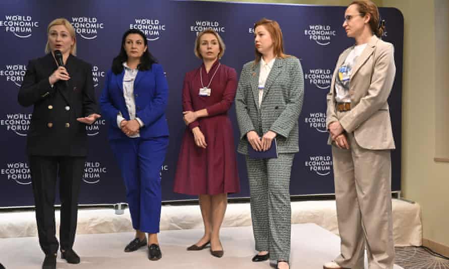 Ukrainian members of parliament Yevheniya Kravchuk, Ivanna Klympush-Tsintsadze, Anastasiia Radina, Alyona Shkrum, and Yulia Klymenko speak at a media reception at the 51st annual meeting of the World Economic Forum (WEF) in Davos, Switzerland, 22 May 2022.