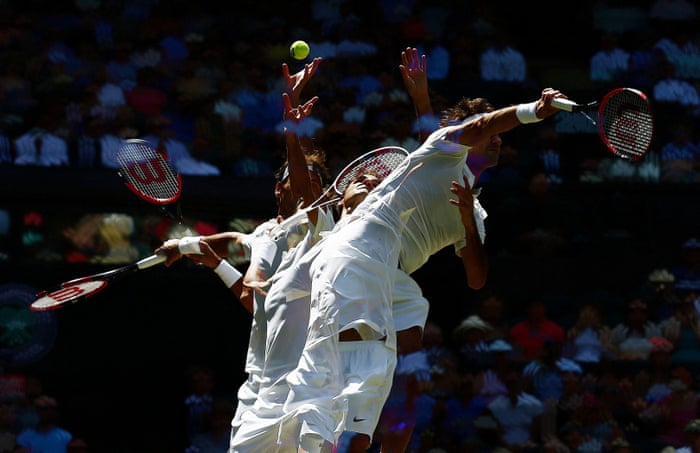 <strong>Day six</strong><br>Roger Federer serves in his match with Sam Groth on Centre Court