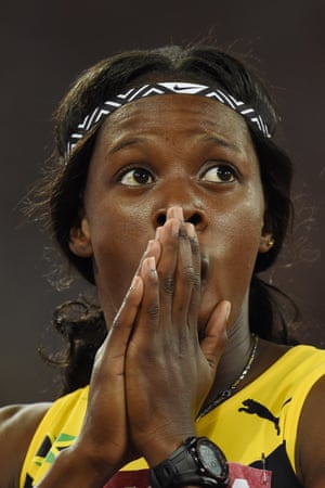 Shericka Jackson looks worried after finishing second to Felix
