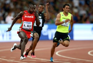 Sudan’s Ahmed Ali competes in the men’s 200m heats but he was disqualified for a lane infringement