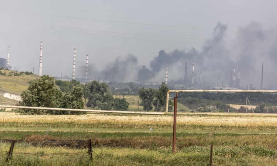 Plumes of smoke seen rising from Lysychansk, Ukraine, during heavy fighting between Ukrainian forces with Russian troops on Friday (Narciso Contreras/Anadolu Agency via Getty Images)