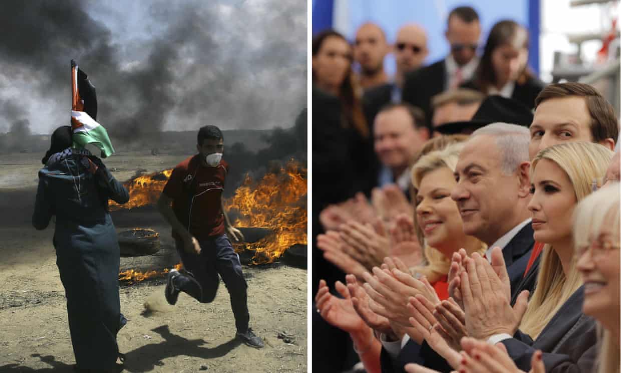 Palestinians protest near the border of Israel and the Gaza Strip, left, while dignitaries including Sara Netanyahu, Benjamin Netanyahu, Jared Kushner and Ivanka Trump attend the opening ceremony of the new US embassy in Jerusalem. Photograph: AP