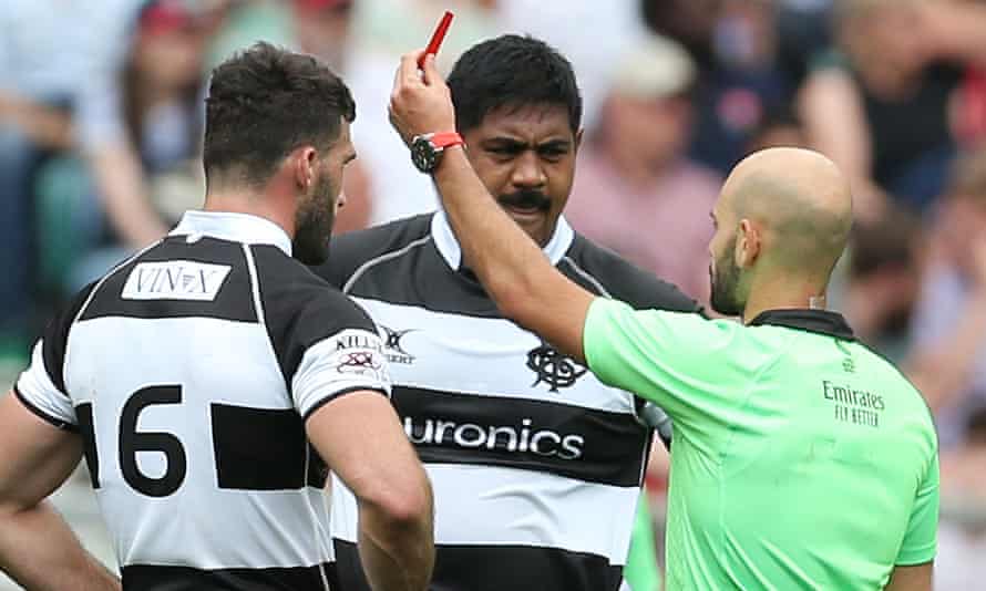 Will Skelton of Barbarians is shown a red card by Referee, Andrea Piardi