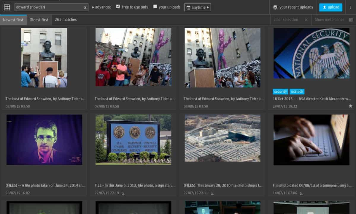 Screenshot of the Grid image service showing results for a search for Edward Snowden