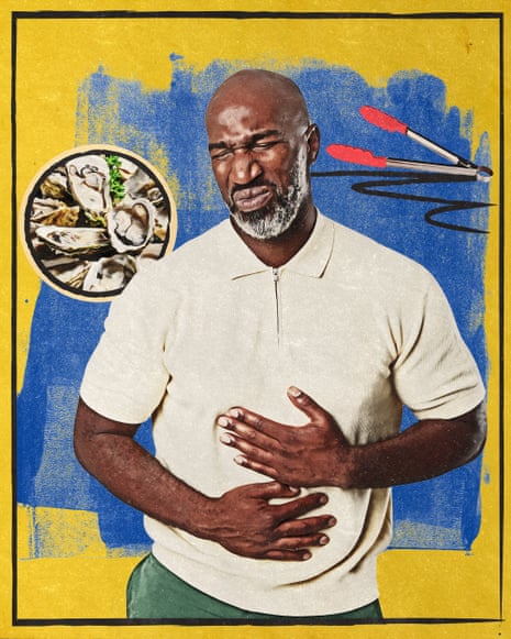 illustration of a man clutching his stomach, surrounded by tongs, oysters, etc