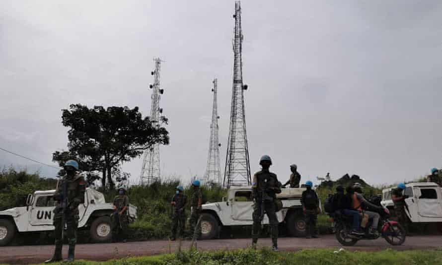 Moroccan soldiers patrol a road in the Virunga national park after the attack that killed three people including Italy’s ambassador to the Democratic Republic of Congo on Monday.