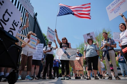 people hold signs and flags