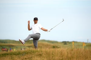 Kevin Chappell of the United States reacts after playing his second shot on the sixth hole.