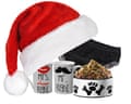 A big red, white trimmed Santa hat, a couple of mugs with wording Mrs Right with a red lipsticked mouth and Mr Right with a black moustache, some black lacy (edible) knickers and a bowl heaped with dog biscuits.