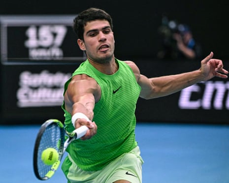 Carlos Alcaraz hits a return during the men’s singles semi-final against Alexander Zverev at the 2026 Australian Open. Follow live scores and updates from the tennis at Melbourne Park.