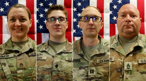 This combination shows (L/R) Sgt. 1st Class Nicole Amor, 39, Sgt. Declan Coady, 20, Capt. Cody Khork, 35, and Sgt. 1st Class Noah Tietjens, 42, who died on 1 March 2026 in Kuwait at the Port of Shuaiba, during an unmanned aircraft system attack.