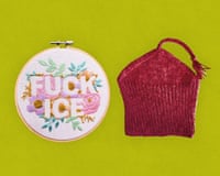 An embroidered circle that reads ‘FUCK ICE’ and a red knit hat inspired by Norwegian resistance to the Nazi occupation.