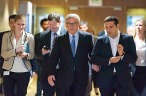22 Jun 2015, Brussels, Belgium --- June 22, 2015 - Brussels, GREECE - European Commission President Jean-Claude Juncker, meets with Greek Prime Minister Alexis Tsipras ahead of an EU Summit in Brussels on Monday. Heads of state in the eurogroup will meet in Brussels on Monday for a special summit to discuss the financial crisis with Greece. (Credit Image: © Aristidis Vafeiadakis/ZUMA Wire) --- Image by © Aristidis Vafeiadakis/ZUMA Press/Corbis