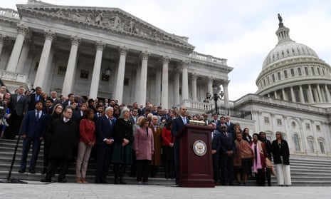 Hakeem Jeffries speaks before a bipartisan group of lawmakers at the US Capitol on the second anniversary of the deadly 6 January, 2021, riot.