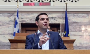 Greek Prime Minister Alexis Tsipras addresses his MP’s and ministers at the Greek Parliamennt in Athens on June 16, 2015. Tsipras charged the International Monetary Fund had “criminal responsibility” for Greece’s debt crisis and called on the country’s European creditors to assess the IMF’s policies. AFP PHOTO / LOUISA GOULIAMAKILOUISA GOULIAMAKI/AFP/Getty Images
