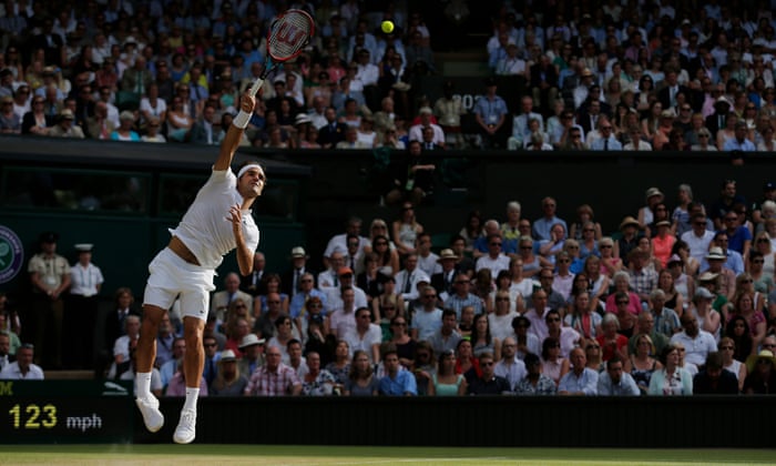 Roger Federer serves with grace during his semi-final match with Andy Murray on Centre Court