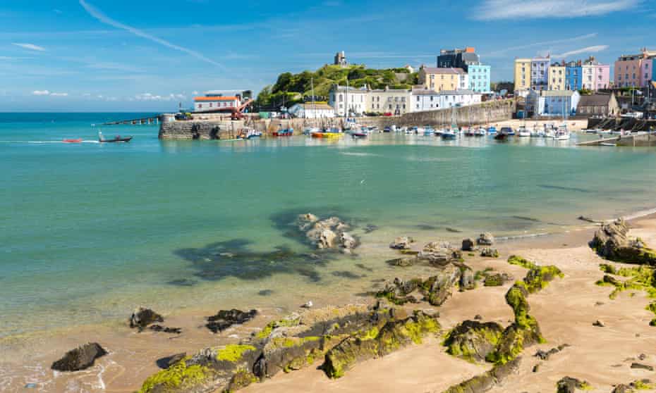 Tenby harbour with beach and castle