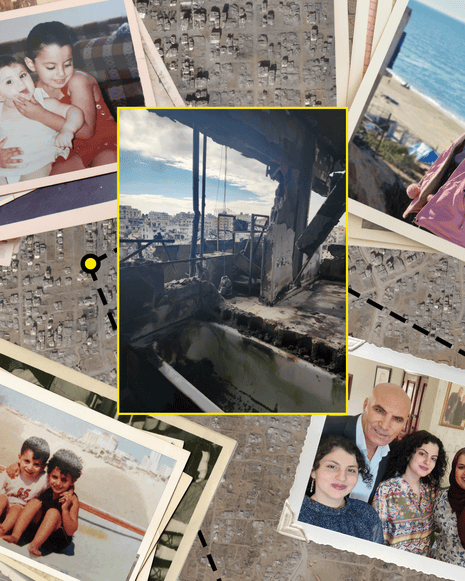 Nour AbuShammala's family photos overlaid on a map of Gaza with a central picture of her destroyed home