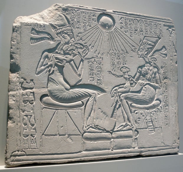 Egyptian relief depicting Pharaoh Akhenaten and Nefertiti with their children. ca. 1345 BC