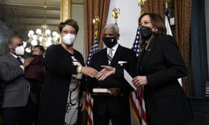 Vice President Kamala Harris (right) swears in Shalanda Young as Director for Office of Management and Budget in the Ceremonial Office at the White House.