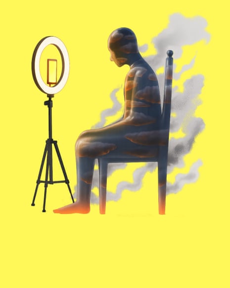 a person filled with dark sky and smoking clouds sitting in front of a ring light with a phone, recording themselves