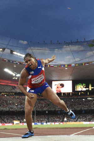 Denia Caballero’s discus flies through the air during one of the Cuban athlete’s six throws in the women’s discus final