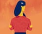 An illustration of a woman with long black hair, wearing a red jumper, seen from behind, against an orange backdrop