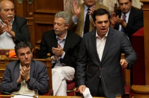 Greek Parliament agrees on bailout deal, Athens, Greece - 15 Jul 2015<br>Mandatory Credit: Photo by Xinhua/REX Shutterstock (4903851h) Alexis Tsipras addresses the Greek Parliament before voting Greek Parliament agrees on bailout deal, Athens, Greece - 15 Jul 2015 Tsipras on Wednesday called on his radical left Syriza party parliamentary group to remain united in critical times for the country, amid a string of anti-austerity strikes and protests. With a Syriza rebellion, the final outcome was a majority ‘yes’ to the measures.