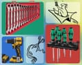 A set of wrenches, a drill, and flatheads shown as part of a gift guide
