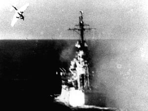 A Japanese kamikaze plane swoops on a US warship in 1944.
