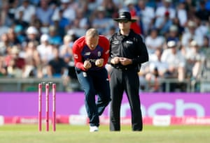 Matt Parkinson celebrates taking the wicket of Azam Khan.