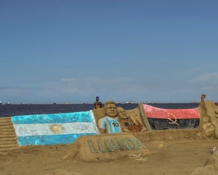 Sand sculptures of Argentina’s Lionel Messi and Angola’s Laurindo Aurelio, in Luanda