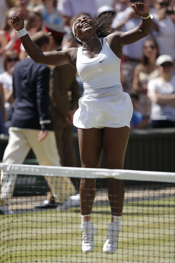 But Serena Williams jumps joyfully as she powers to her victory over Garbine Muguruza