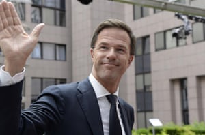 Dutch Prime Minister Mark Rutte waves upon his arrival for an emergency Eurogroup finance ministers’ meeting on Greece at the European Council in Brussels, on June 22, 2015. AFP PHOTO / THIERRY CHARLIERTHIERRY CHARLIER/AFP/Getty Images