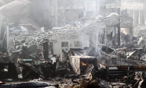Fire still burn at the explosion site in Tianjin, north China.