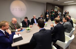 European Commission President Jean-Claude Juncker (4thL), International Monetary Fund Managing Director Christine Lagarde (6thL), European Central Bank President Mario Draghi (7thL), Eurogroup President and Dutch Finance Minister Jeroen Dijsselbloem (9thL), European Council President Donald Tusk (10thL) and advisors meet ahead of an emrrgency leaders summit on Greece at the European Council in Brussels, June 22, 2015. AFP PHOTO / POOL / Emmanuel DunandEMMANUEL DUNAND/AFP/Getty Images