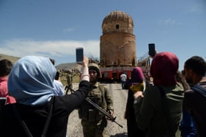 The tomb of Zenyel Bey at Hasankeyf is carried on a rolling structure as it is moved to stave off the risk of flooding from the dam project. The tomb is a 15th-century memorial to one of the key figures in the Ak Koyunlu tribe who controlled much of eastern Anatolia and the Caucasus and vied for supremacy with the emerging Ottomans.