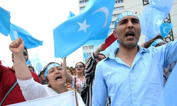 Turkish nationalists demonstrate in front of the Chinese Embassy in Ankara on 5 July, 2015 to denounce the Chinese government policy on Uighur Muslims.